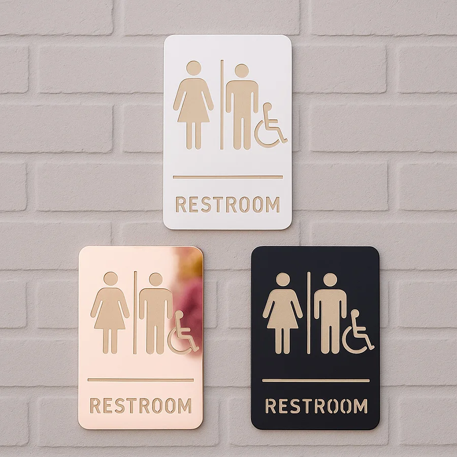 Acrylic Restroom Sign with Male Female Wheelchair Icons, Modern Bathroom Door Plate, Multiple Colors Available