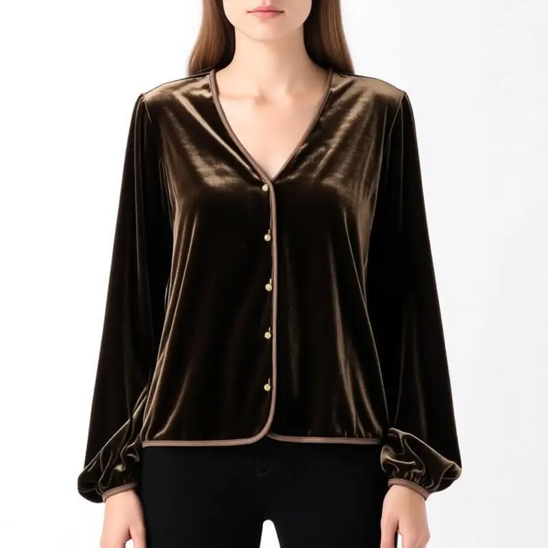 

100% Mulberry Silk Lining Velvet Silk Women Coat Brown Color V-neck Buttons Down Long Sleeve Cardigan Top Blouse Autumn FF084