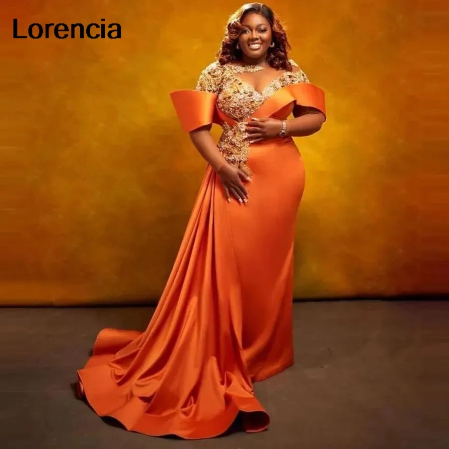 

Customized African Orange Mermaid Prom Dress Beading Diamonds Lace Applique Sexy Formal Party Gowns Robe De Sorrie YPD326