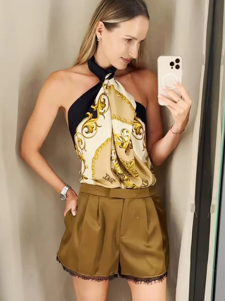 

HH Women Fashion Solid Suits Short Sleeve Single-Breasted Lace Trimmings V-Neck Shirts+Casual High Waist Pleated Mini Shorts