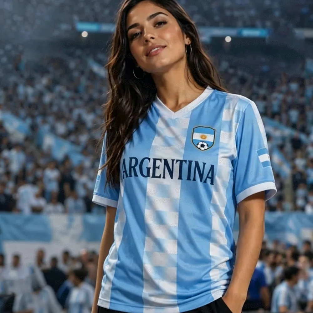 Summer Women's Men's Argentina Print V-Neck Short Sleeve T-Shirt Graphic Tee Jerseys Plus Size Sport T-Shirt Soccer Fans view 2