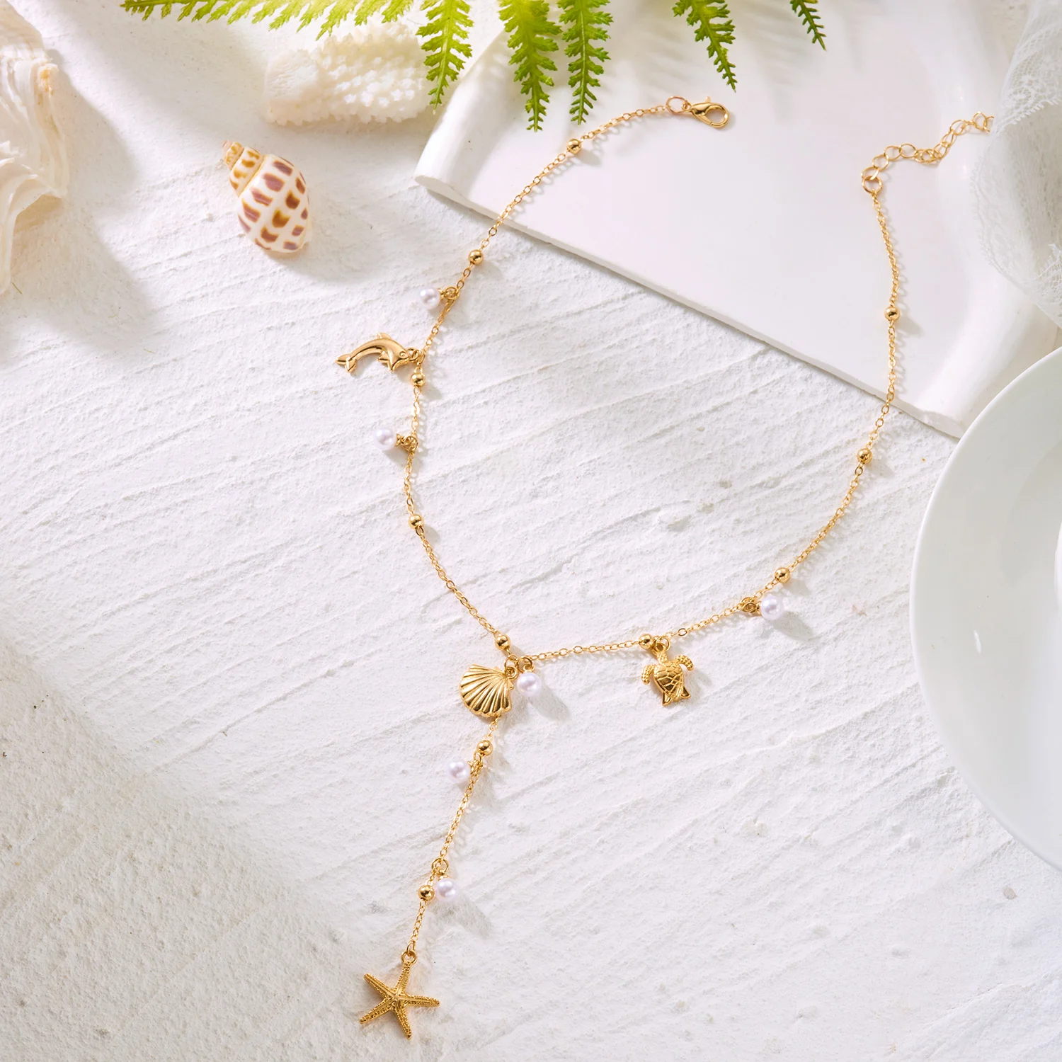 Meerestiere Muscheln Seesterne Lange Quasten-Halskette für Frauen Delfin Schildkröte Perlen-Anhänger Halskette Sommerurlaub Schmuck – Detail 6
