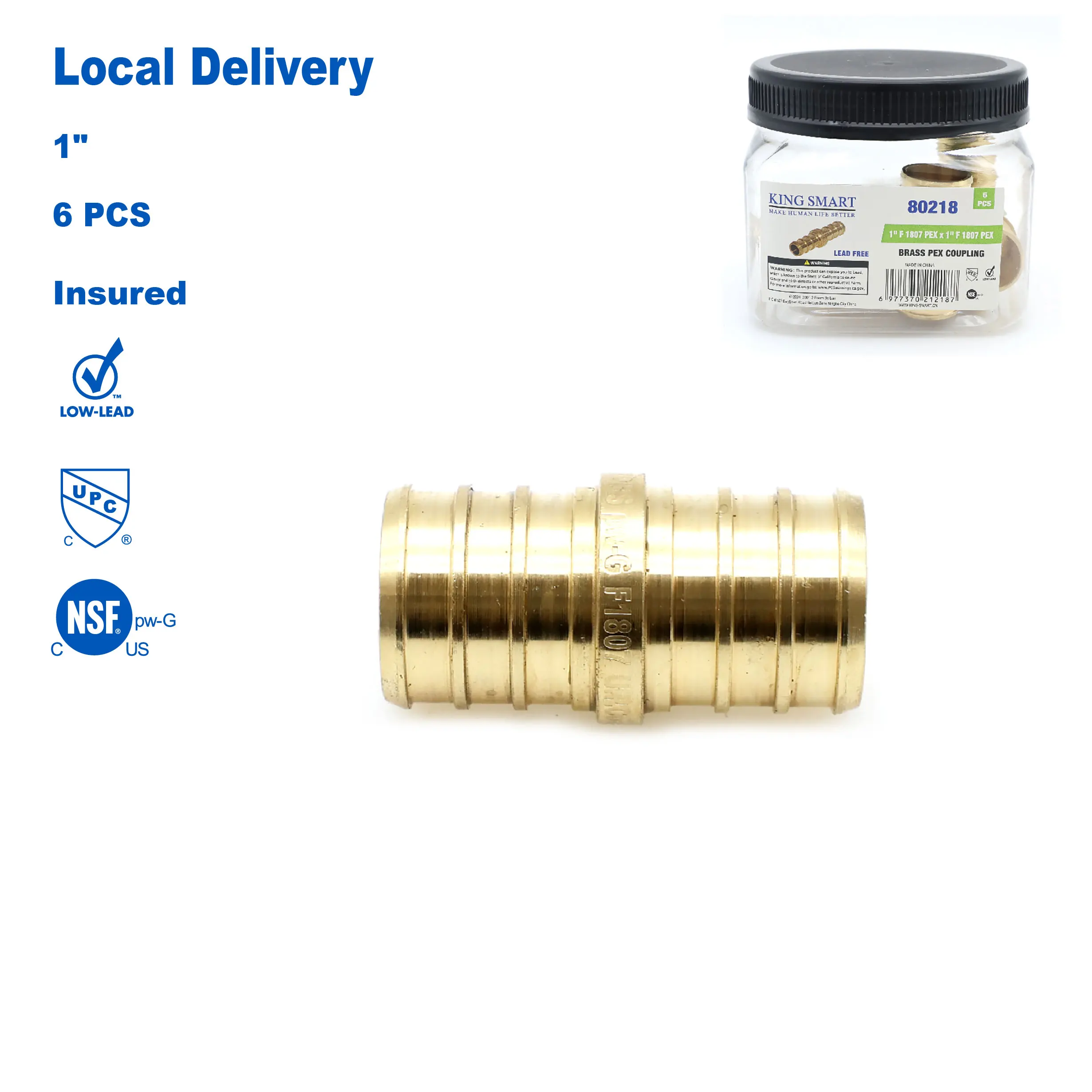 

KING SMART 1" Crimp/F1807 PEX Straight Coupling; Lead Free Brass; 6Pcs/Case; 80218