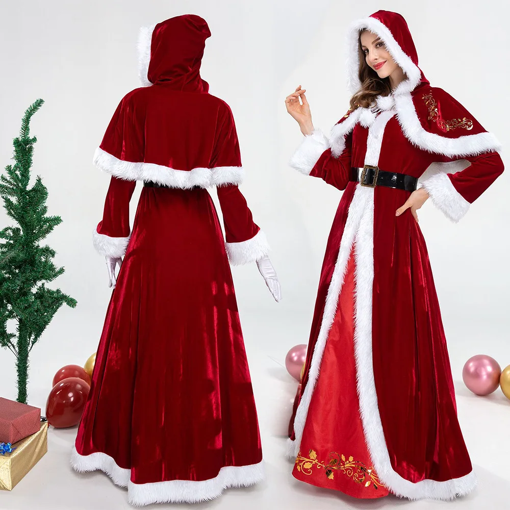 2023 New red hooded shawl furred long skirt Christmas dress Annual party dress Christmas party