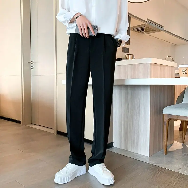 Spring Summer New Solid Color Casual Loose Suit Pants Man High Street Zipper Patchwork Button Pockets All-match Straight Pants