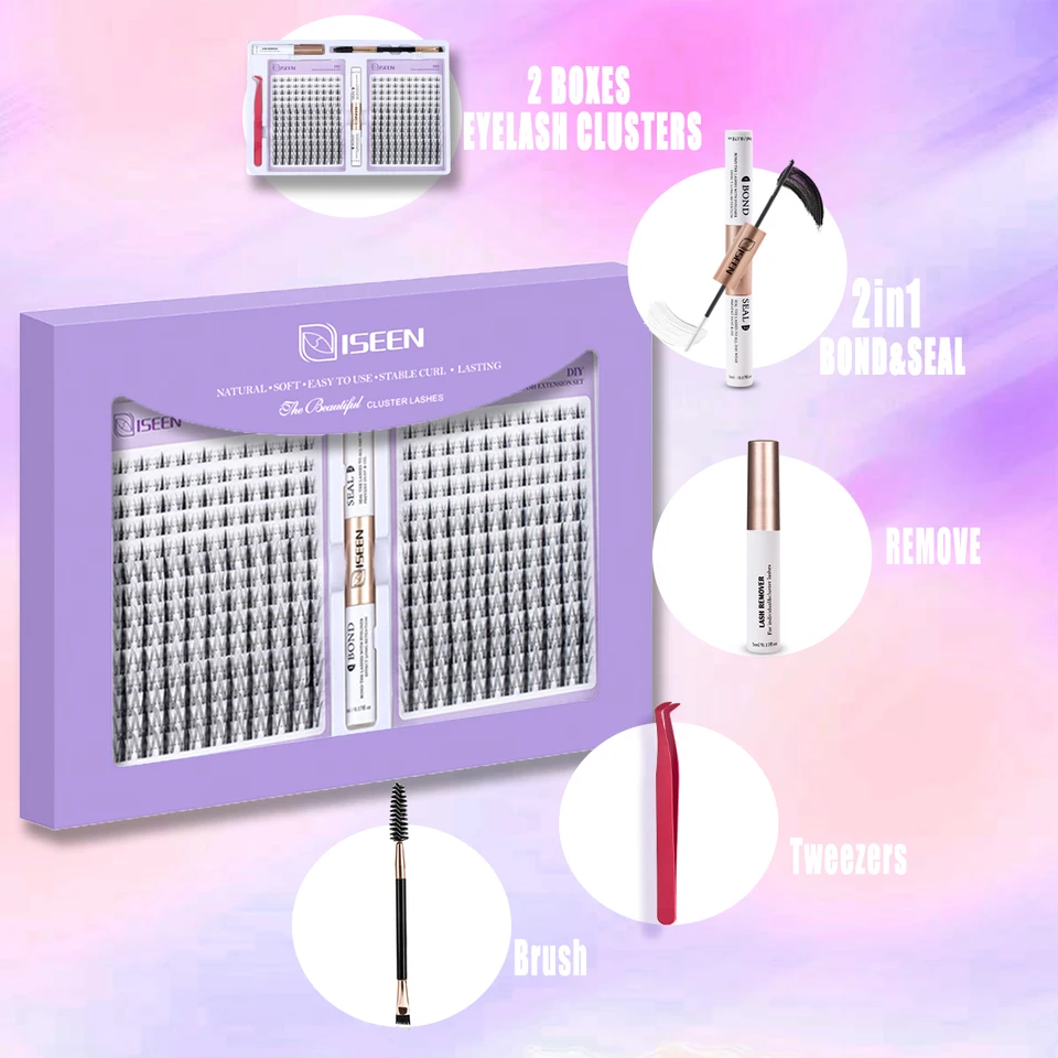 ISEEN kit de extensión de pestañas DIY racimos mixtos set completo con pegamento y sellador pinzas y cepillo 2