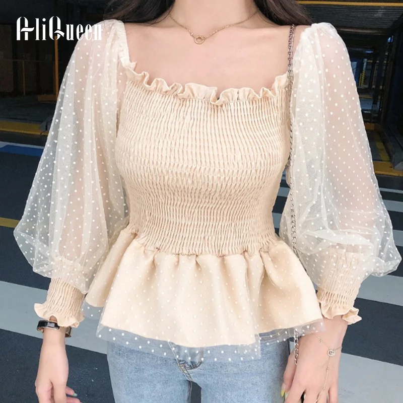 

Spring Clothing Women Lace Splicing Sweet Strapless Slash Neck Wave Point Net Yarn Lantern Sleeve Folds Elasticity Ruffle Tops