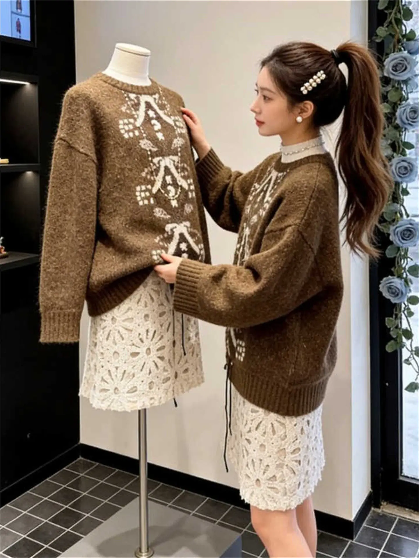 

Heavyweight Ele Two-Piece Set Women's Retro Contrast Color Top Spring New High Waist Skirt Faionable Casual Sle