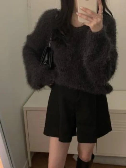 Vネック無地ロングニットセーター ゆったりとした着心地の良いソフトなミンク風秋冬レディーススウィートニット...