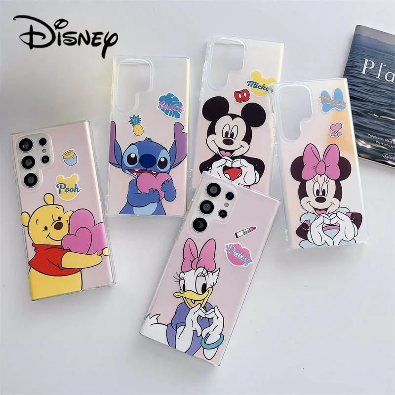 Disney Mickey Stitch Anime phone Case Samsung Galaxy S22 23Plus Ultra Cartoon TPU Protective Shell Anti-fall Laser Back Cover