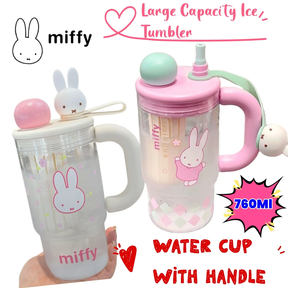 

Miffy Rabbit Creative Personality Ice Cup Cartoon Cute Suction Cup Girls High-value Simple Large Capacity Tea Cup with Handle