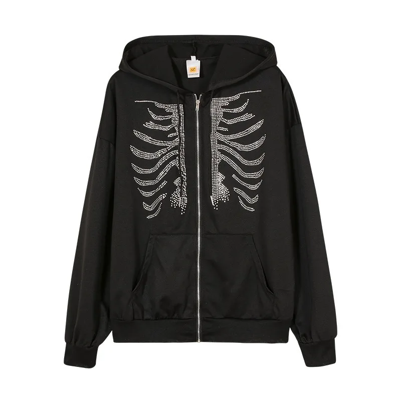 Sudadera Y2K con Capucha y Calavera de Cristal para Mujer, Negra, Gótica, Oversize, Cremallera, Retro Harajuku, Streetwear 6
