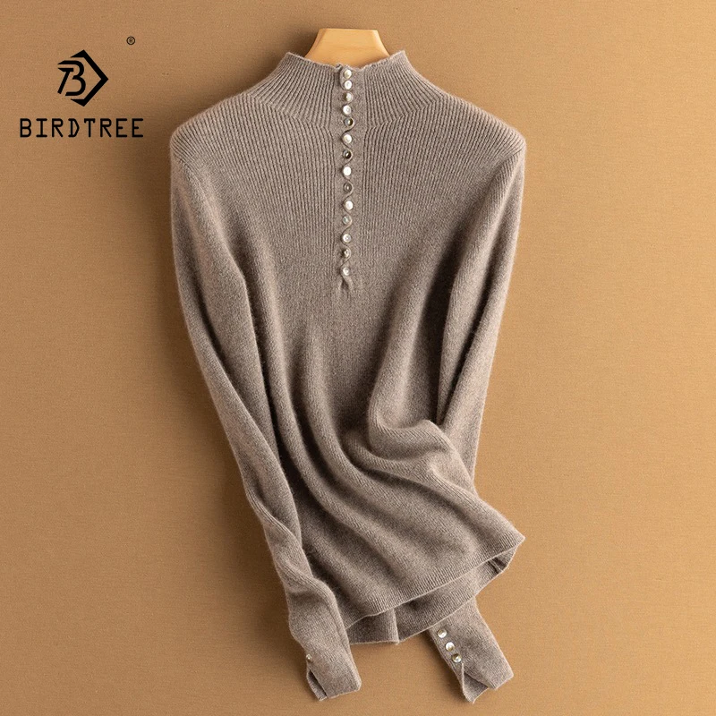 Birdtree, 100% Pure Cashmere Elegant Sweater, Women's Semi High Neck Loose Casual Sweater, 2024 Autumn and Winter New T48031KS