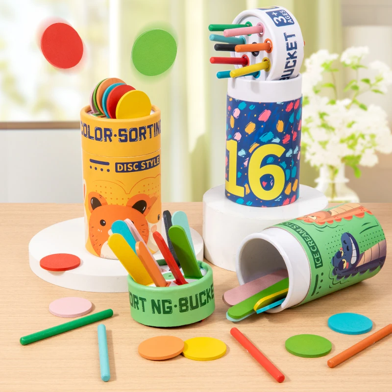 Kids Color Classification Cognition Cup Kindergarten Montessori Early Education Classification Bucket Colored Wooden Stick Toys