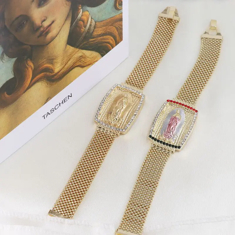 

"High-Quality Brass Guadalupe Pulseras Charm Religious Jewelry: Gold-Filled Women's Figaro Chain Bracelet with Virgin Mary Watch