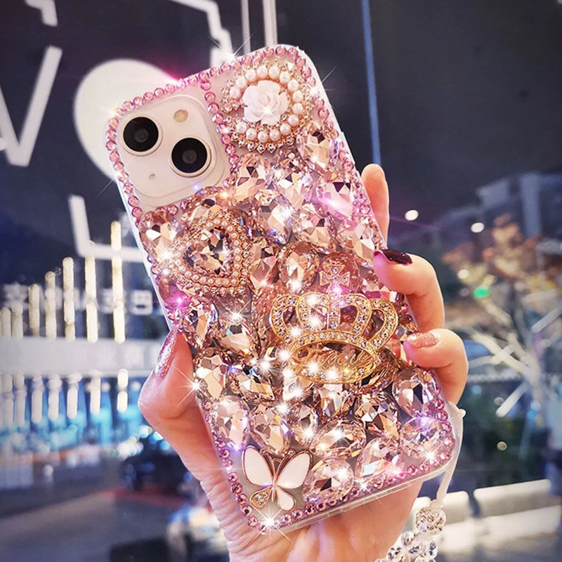Luxury Glitter Pearl Love Crown Cover Case For Samsung Galaxy S25 Ultra S24 FE S23 S22 S21 Plus S20 A14 A15 A16 A56 A55 A54 A34