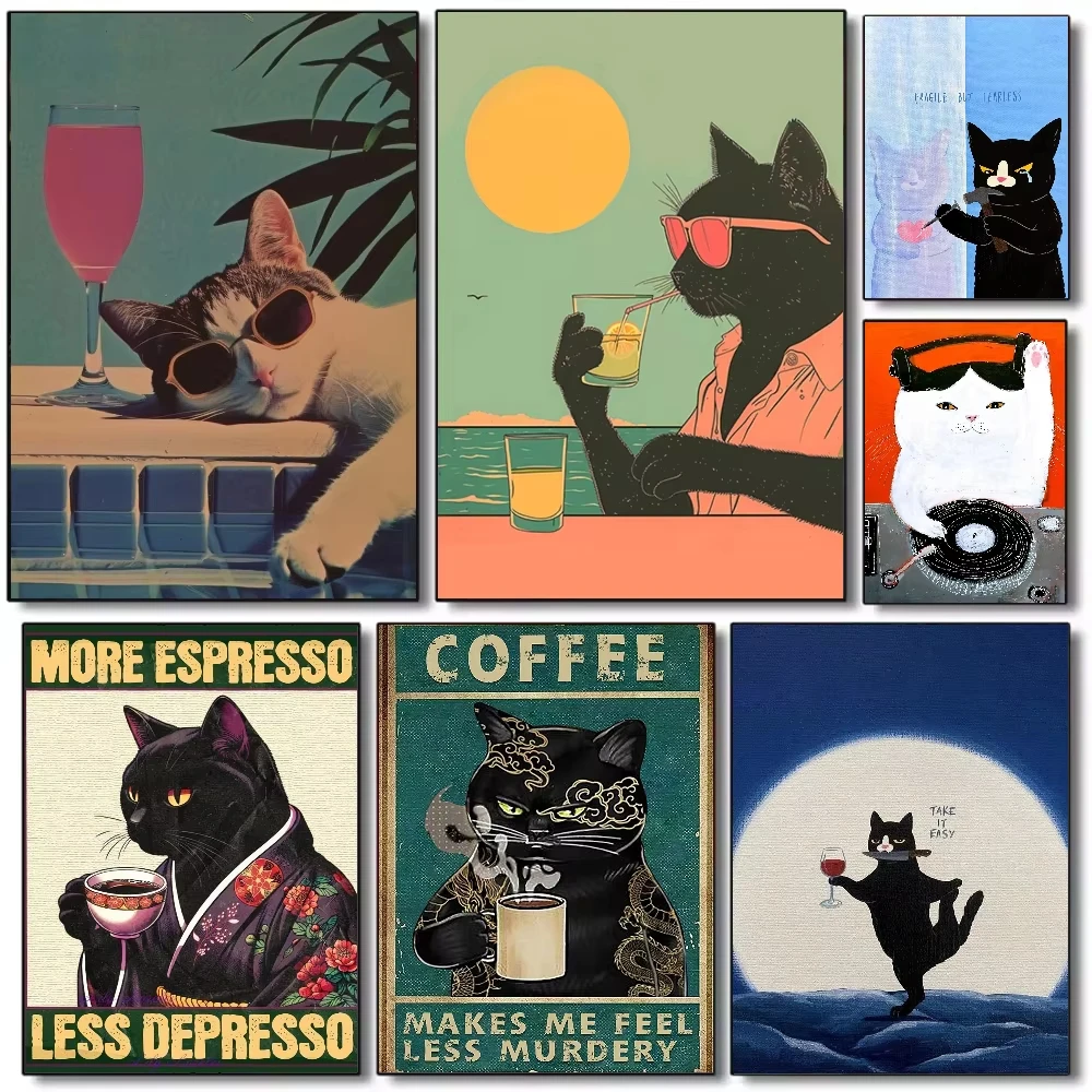 مضحك المطاعم مقهى القط شعار المشارك HD الفن قماش اللوحة غرفة المعيشة المنزلي غرفة نوم بار الديكور الجمالي #1