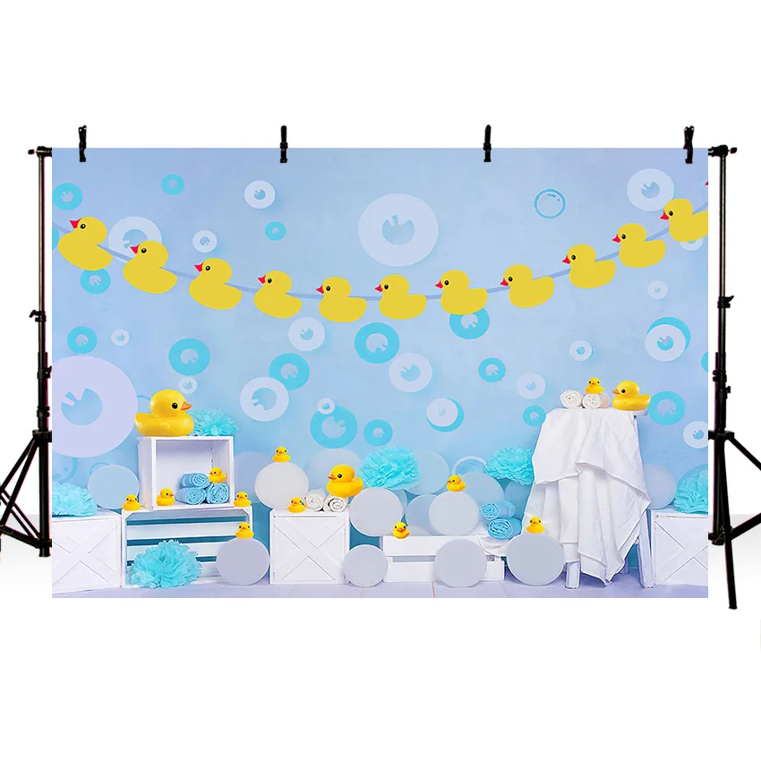 Mehofond Child Birthday Photography Background Little Yellow Duck Toy Bubbles Bathroom Wood Door Decor Baby Shower Backdrop Prop