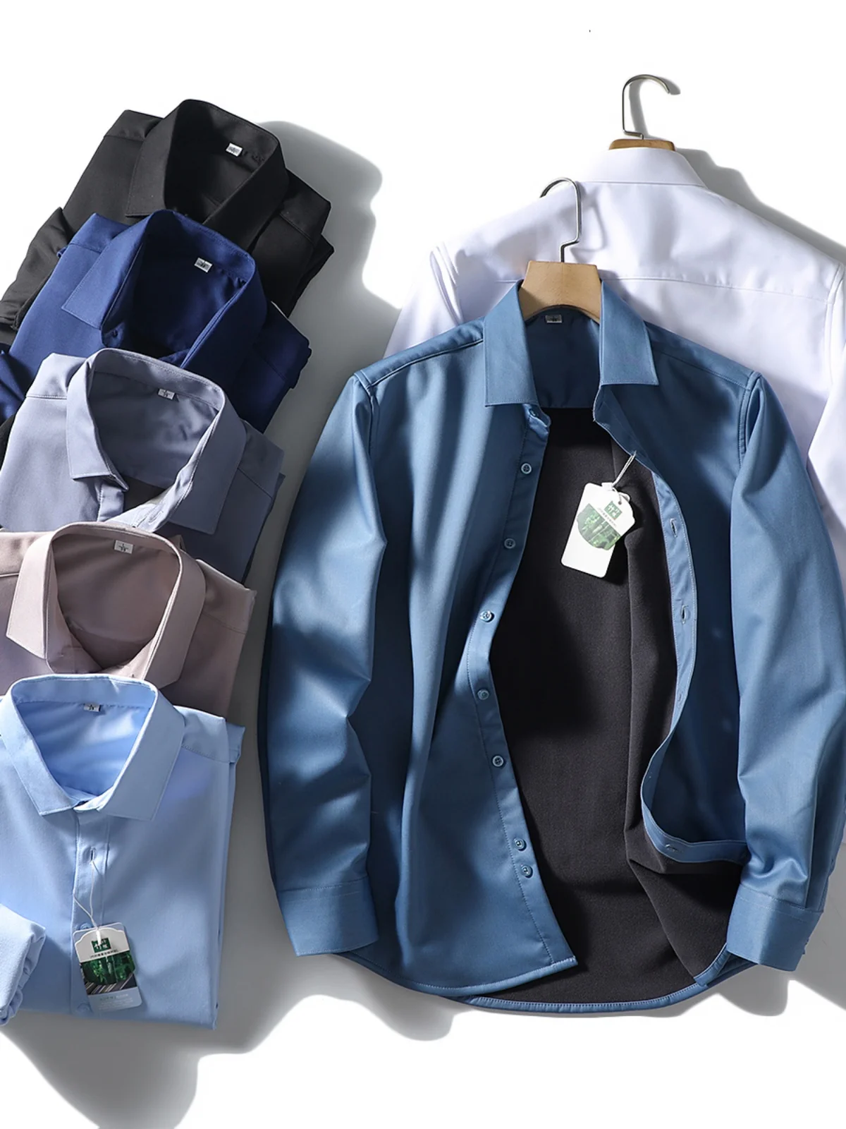 

Thiened Fce Long Sve irt Men's Busin Casual Pure Color Autumn Winter Anti-crease Stand Fit arp Collar