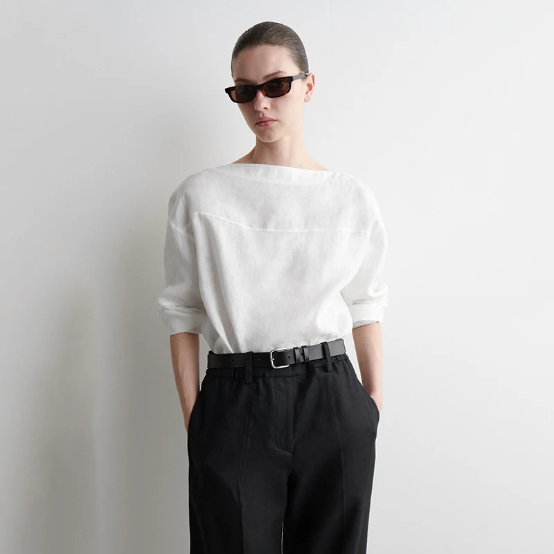 

Повседневная элегантная льняная рубашка с длинным рукавом и поясом для женщин, весна-лето, новинка, простой черно-белый дизайн, удобный для повседневной носки