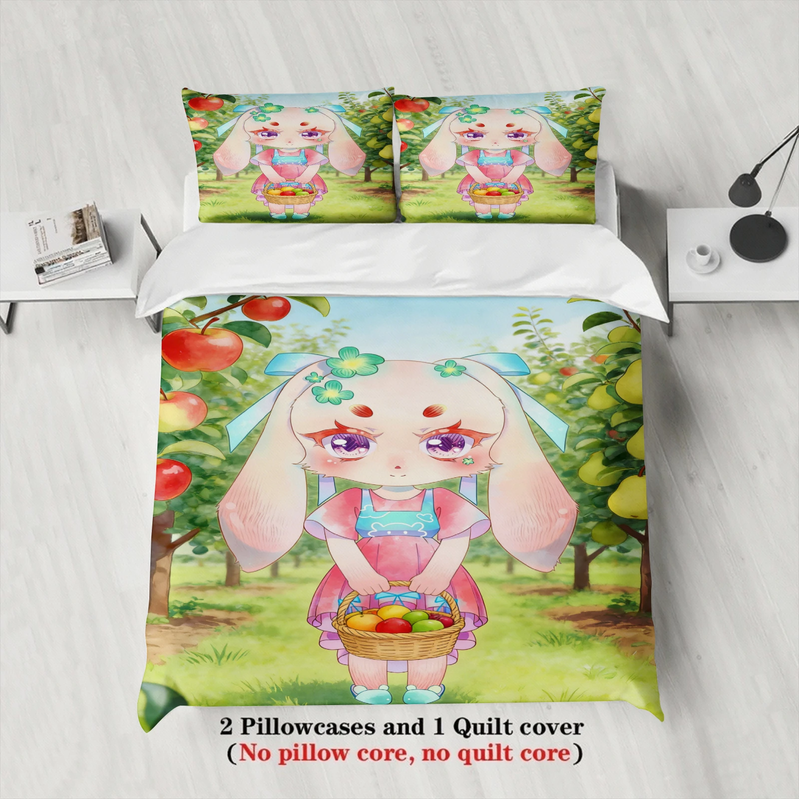 Softville Cozy Town 3PCS Bedding Sets Lop Rabbit Orchard Harvest Printed Duvet Cover No filling Cartoon Style Queen King Size
