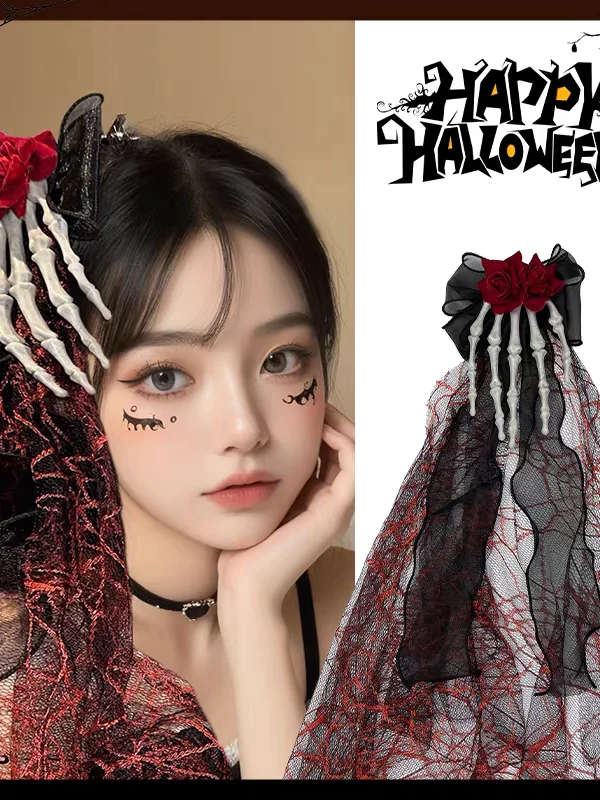 loween  Knot Veil Ghost Claw Hair Clip Rose Flower Skeleton Hand  Gothic Sle k  Hair Accories