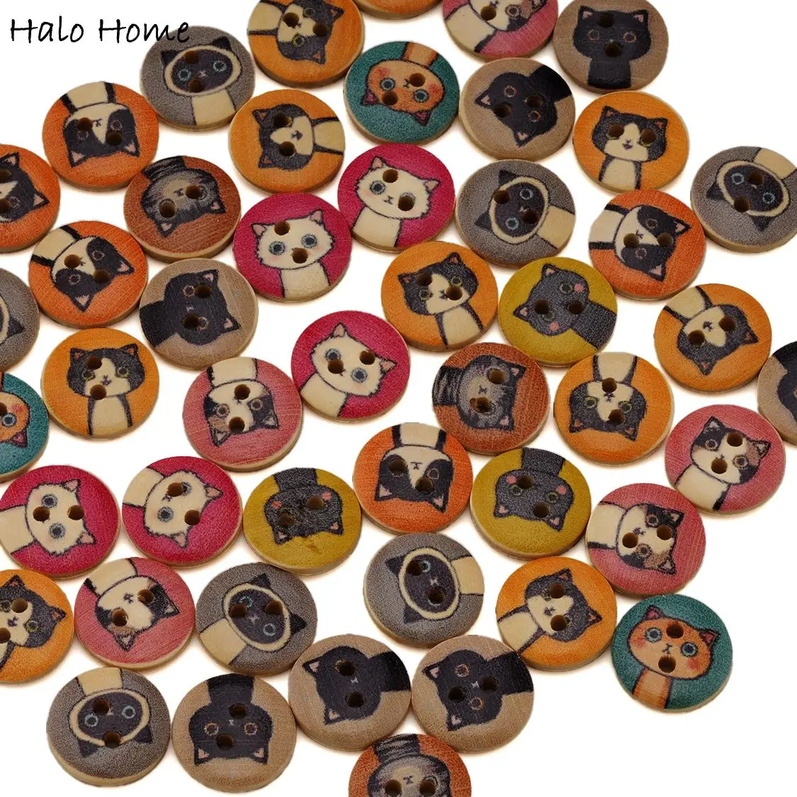 50PCS Adorable Cat Print Wooden Buttons, Colorful Patterns, for DIY Sewing, Clothing Decoration & Craft Projects 15mm