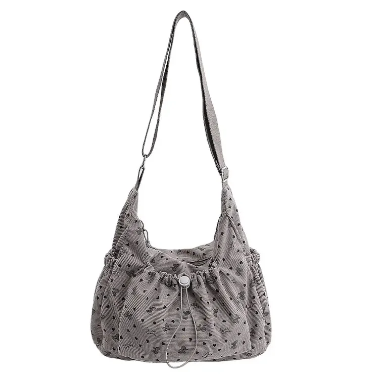 

High Quality Corduroy Women Bag Simple Cloth Shoulder Bag Large Capacity Cute Bow Print Soft Crossbody Messenger Purse