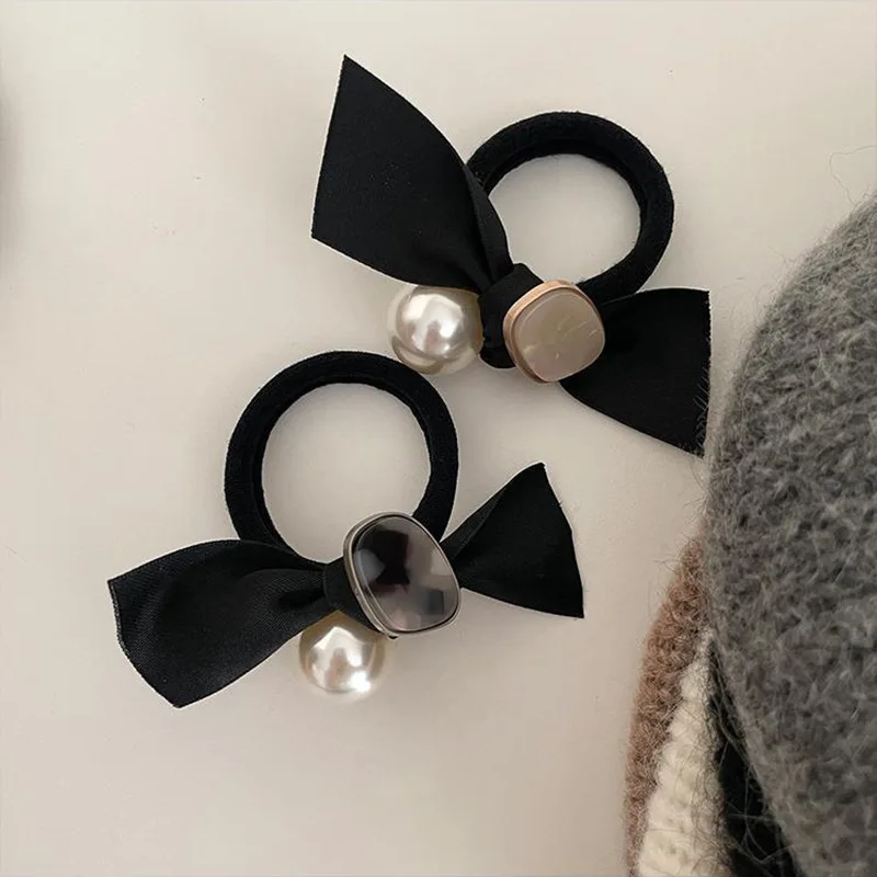 Kobiety prosta czarna wstążka kokarda gumki do włosów perła kwas octowy akrylowa ozdoba Scrunchies bezszwowa elastyczna opaska do włosów uchwyt na kucyk