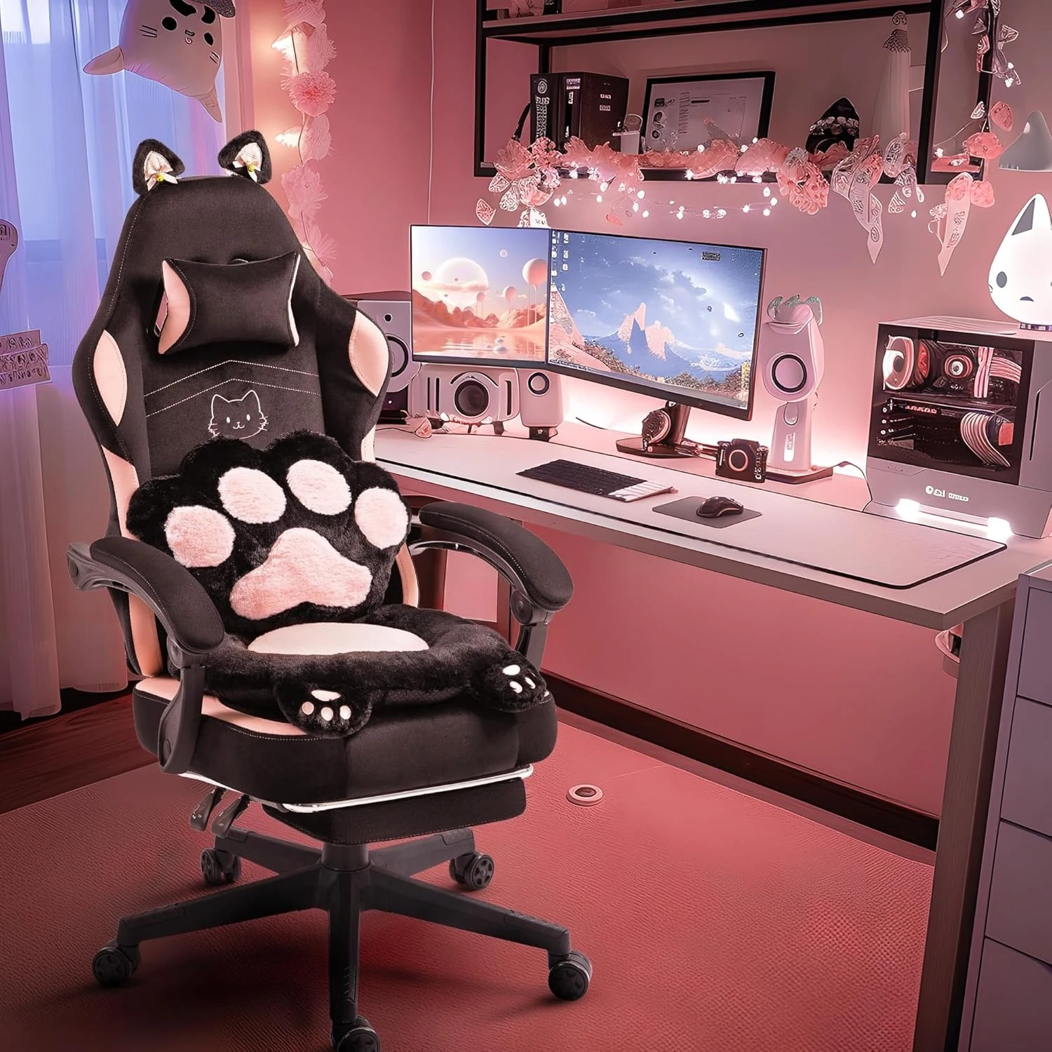 Pink Cute Gaming Chair with Cat Ears & Paw Lumbar Cushion, Ergonomic Reclining Computer Chair with Footrest, Customized