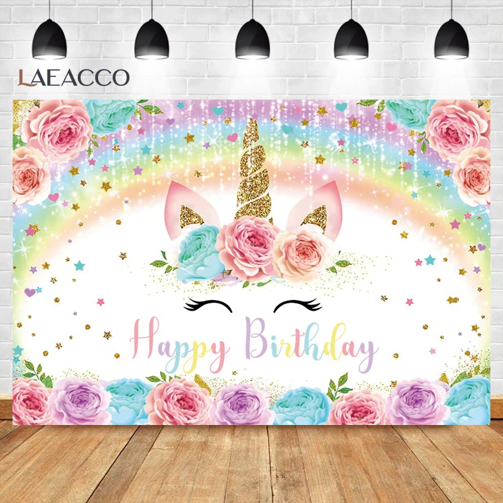 خلفيات صور لحفلات أعياد ميلاد سعيد من Laeacco عليها قوس قزح ووحيد القرن ستارة خلفية لنجوم لامعة زينة لحفلات استحمام الطفل