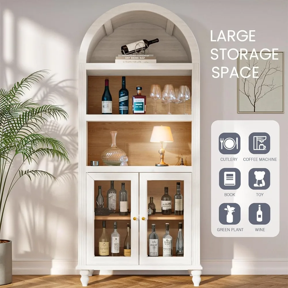 Armadietto da bar ad arco vintage da 72 pollici con ripiani, ripiani regolabili e presa di corrente per vino e bevande