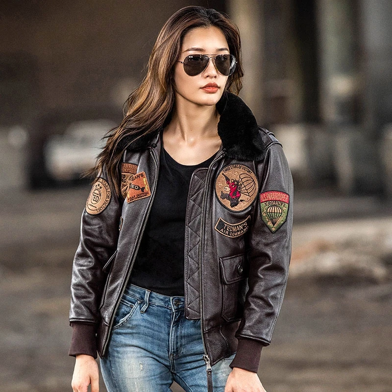 Dark Brown G1 Pilot Leather Jacket Women Military Style Plus Size 3XL Natural Cowhide Autumn Aviation Genuine Leather Coats