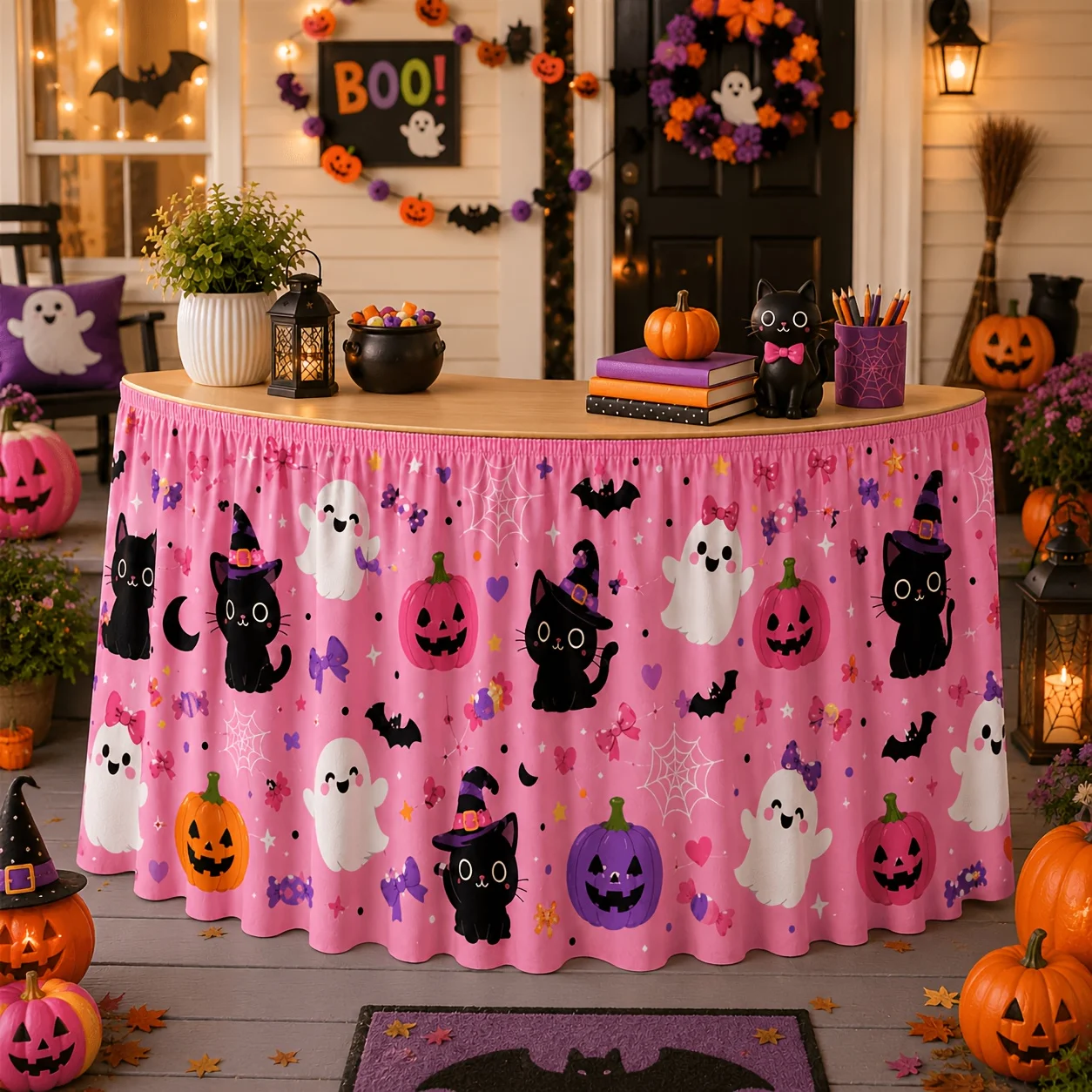 One tablecloth and table skirt, featuring a cute pink Halloween-themed table skirt pattern with witches and black cats.zyc