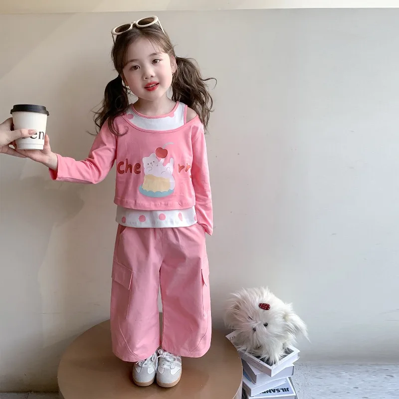 Girls' Korean Spring and Autumn Set 2026 New Style Children's Stylish Baby Girl T-shirt Vest Work Pants 3-Piece Set