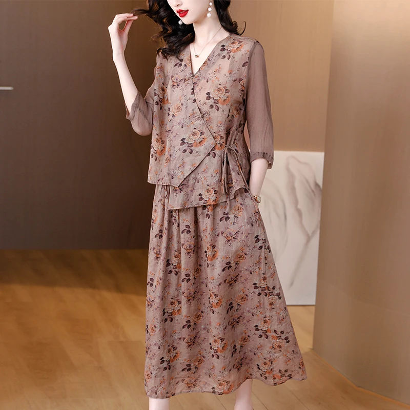 2023 Summer Cotton and Hemp Vintage Printed Long Dress Two Piece Set Lace Up Loose Lace Panel Short Sleeve Top Women\'s Dress Set