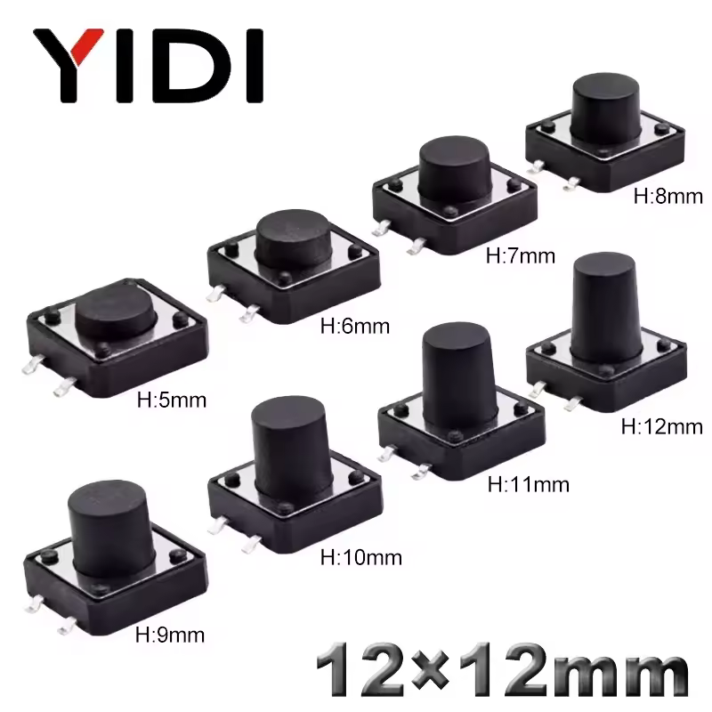 10pcs 12x12mm Momentary Tactile Tact Switch 4 Pins SMD SMT H=5/6/7/8/9/10/11/12mm PCB On Off  Switch Electronic Set 12V DC 50mA