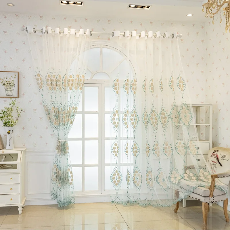 Transparent embroidered curtains blue American pastoral flowers living room gauze curtain living room bedroom semi-shading 2Pcs