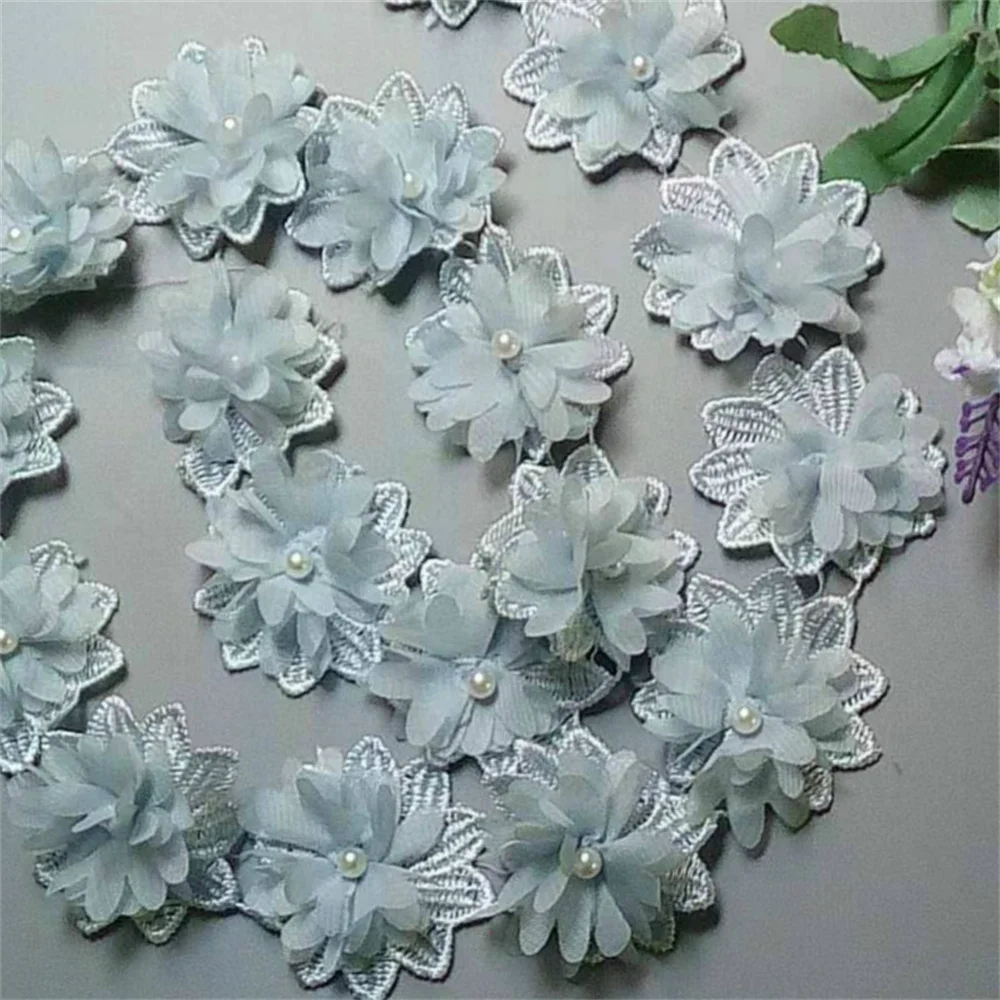 

2 yard Blue Soluble Chiffon Pearl Flowers Embroidered Lace Trim Ribbon Fabric Sewing Craft For Costume Wedding Dress Decoration