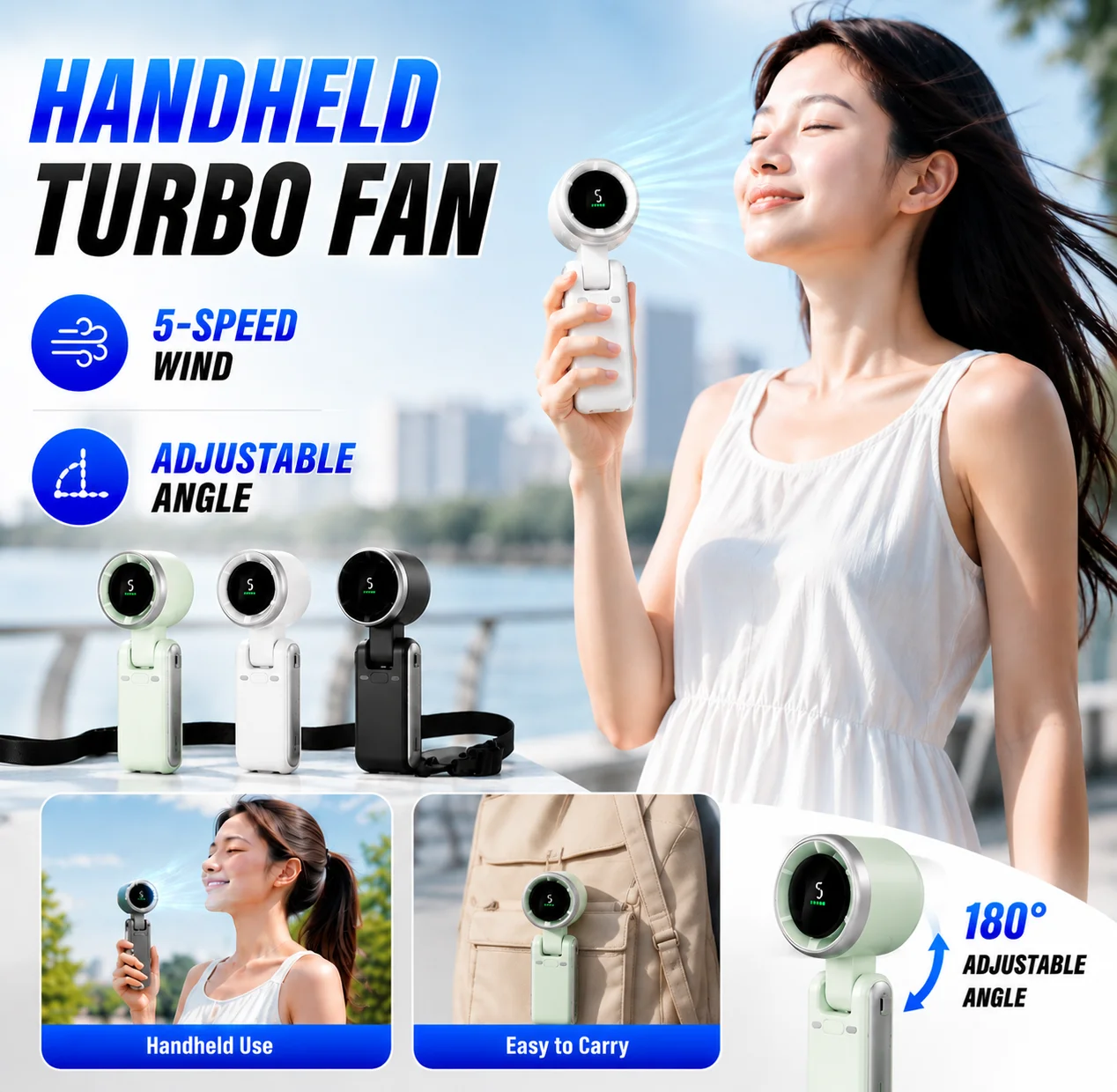 Handheld Fan Portable Mini Turbo Fan 5-speed Adjustment LED Display Outdoor Foldable/neck-hanging Silent Brushless Fan 2400mah