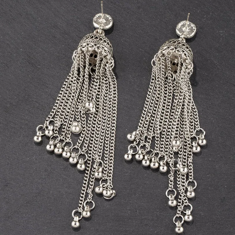 Classic Vintage Silver Color Gypsy Dangle Earrings Ethnic Women\'s Bohemian Bells Tassel Long Earrings Jhumka Indian Jewelry