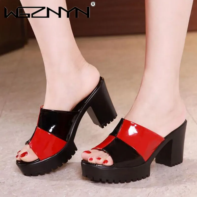 Luxury Patent Leather Platform Slides Sandals 2024 Summer Shoes Peep Toe Elegant High Heels Slippers Women Party Office Footwear