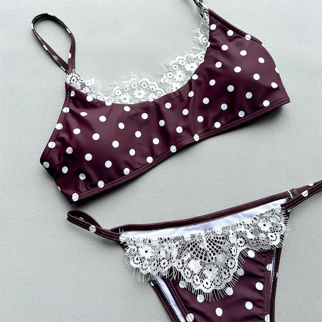Polka Dot Splicing Spitzen-Bikini Damen-Badeanzug Zweiteiliger Bikini-Set mit hohem Beinausschnitt Badeanzug V8452 – Detail 12