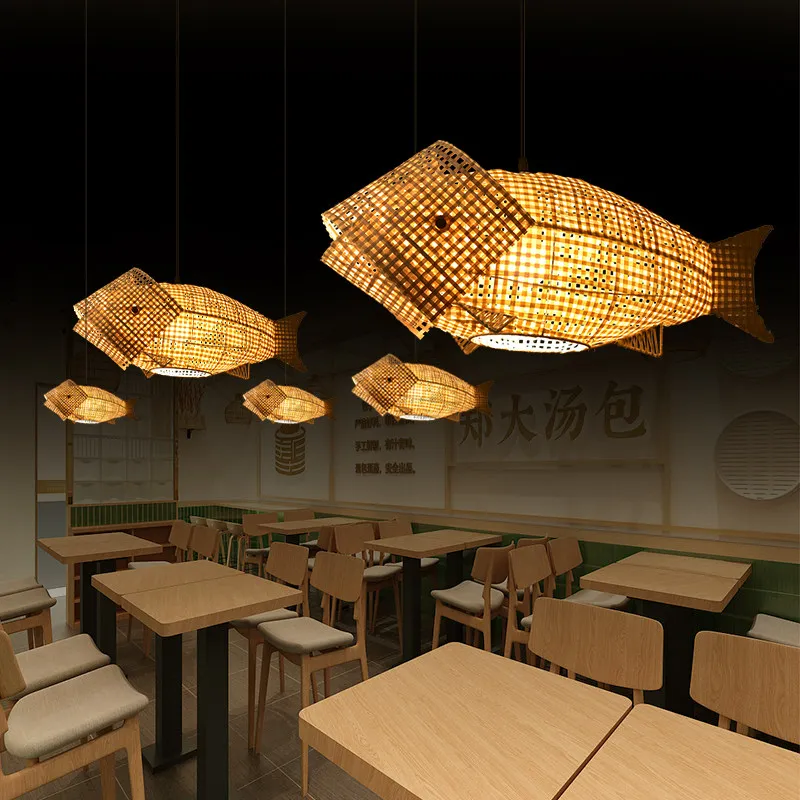 Fish Shaped Pendant Lamp Chinese Creative Personality Tea Room Countryside Restaurant Dining Table Bar Bamboo Woven Chandelier