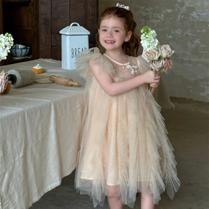 Vestido Infantil Feminino 2026 Primavera e Verão, Nova Coleção de Roupas Infantis Estilo Coreano, Vestido de Fada com Manga Bufante e Tule Borboleta para Meninas