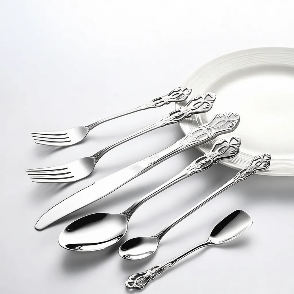 Elegant Palace Inspired Stainless Steel Flatware Vintage Dinnerware Steak Knife Dessert Fork Coffee Spoon Set