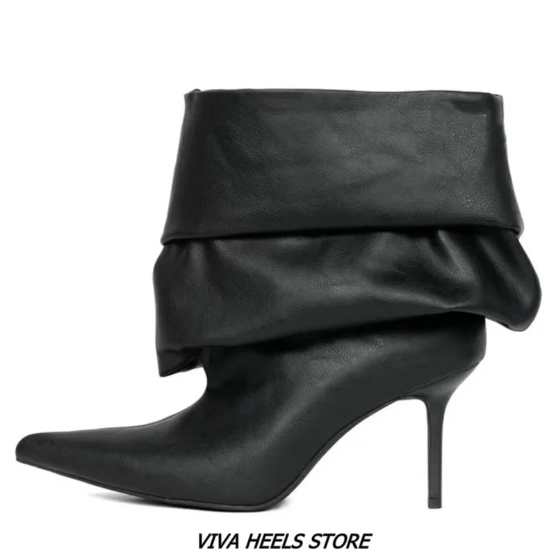 التسلل طباعة جلد أسود سحب على حذاء من الجلد 2025 شتاء جديد في حجم كبير عالية الكعب مدبب تو مثير الجوارب أحذية مصممين