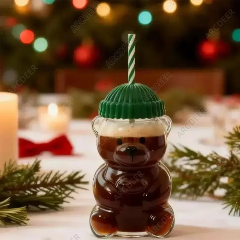 

Bear Shape Plastic or Glass Cup with Straw Coffee Mug Cute Cartoon Creative Glass Juice Cup Tea Cup Drinkware New Year Decor