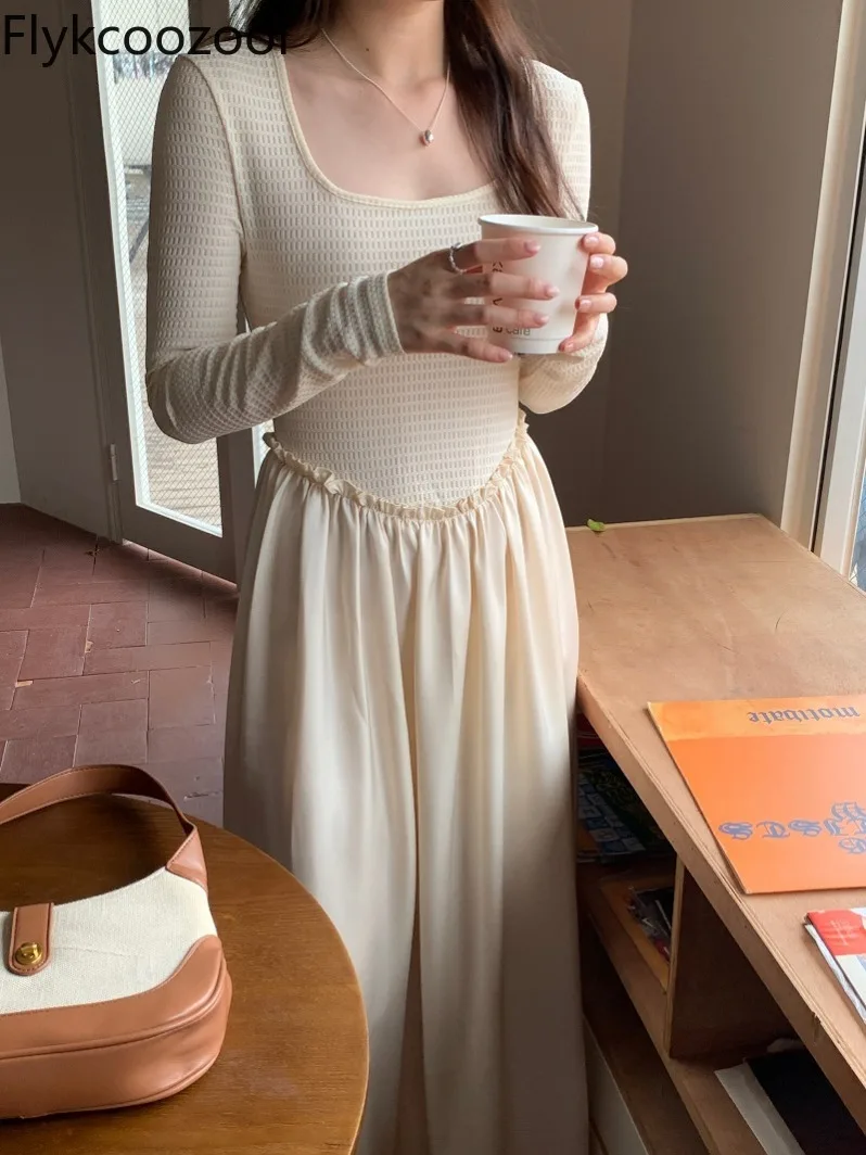 

French Elegant Temperament Square Collar High Waist Slimming Medium Long Bottom Gown in Stock Streetwear White Dress