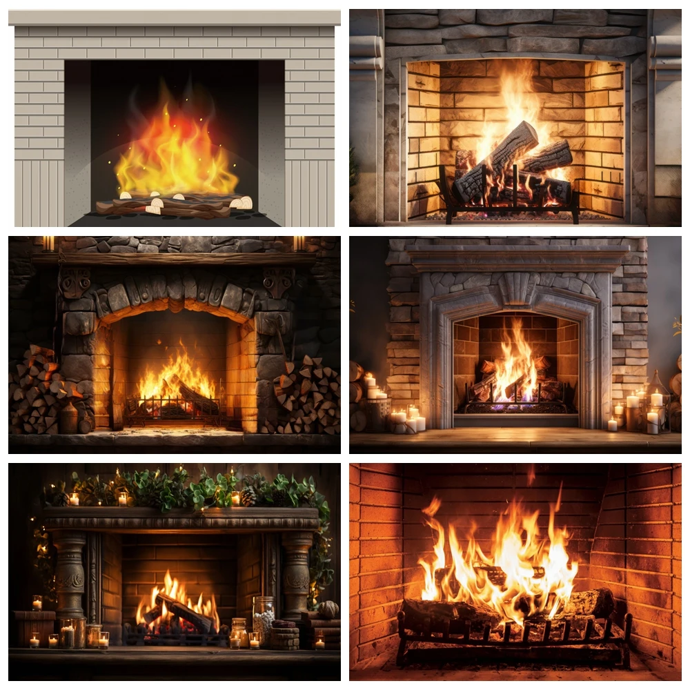 Fireplace Photo Backdrop Burning Fire Gray White Brick Wall Poster Christmas Party Home Decor Photography Background Photophone